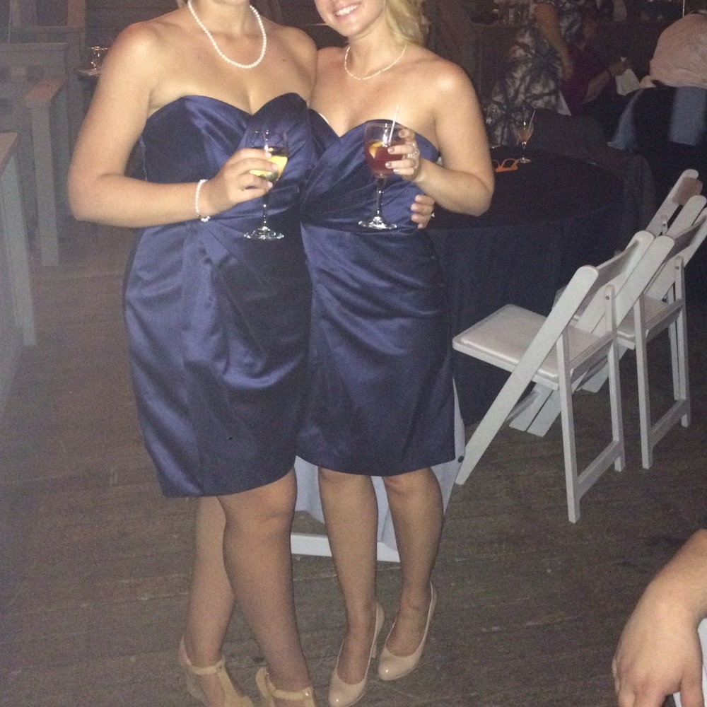 David's Bridal Navy Satin Strapless Dress Sz 2 👗